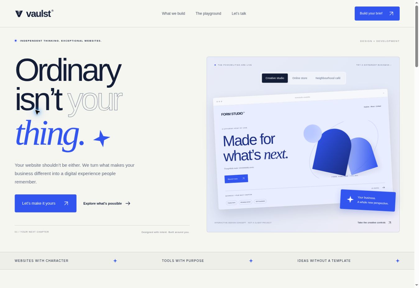 The Vaulst landing page with its live design concept selector